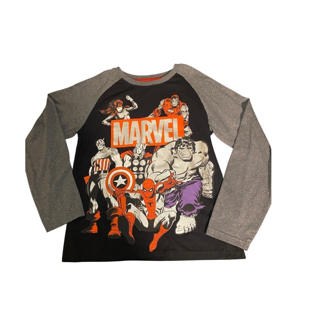 Marvel Avengers Kids Raglan Graphic Shirt Black Grey Spider-Man Hulk Size‎ 10/12